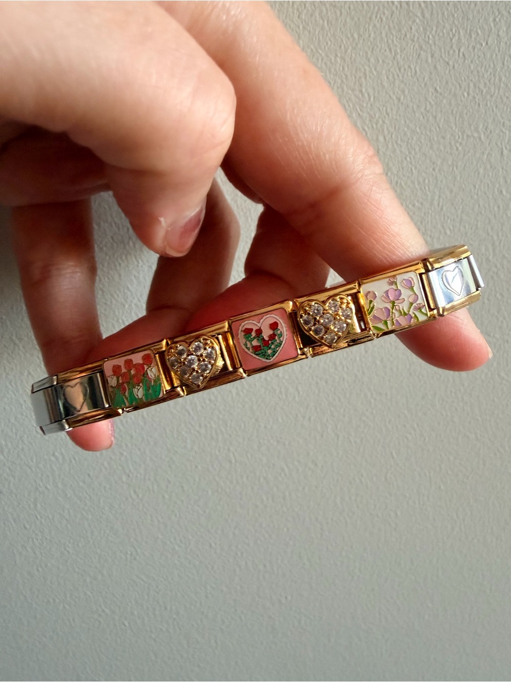 Italian Charm Bracelet | Pink Floral & Crystal Hearts | Gold/Silver | 18 Links